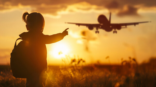 Silhouetted young girl with a backpack pointing at a flying airplane during a golden sunset for travel adventure concept and future dreams