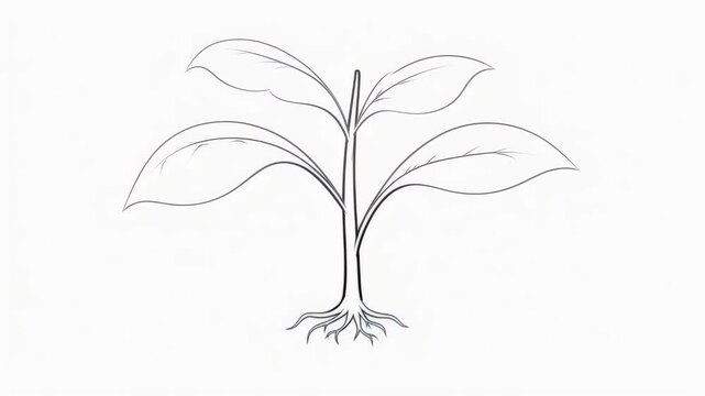 Minimalist drawing of a young plant with roots and symmetrical leaves