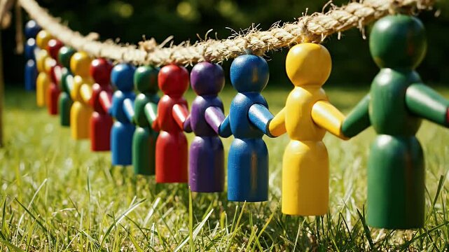 Colorful wooden figures linked by arms on a rope over green grass