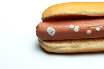 Hotdog in a bun featuring visible patches of green and white mold, illustrating food spoilage,...