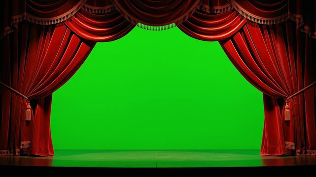 Empty theater stage with red curtains and green screen background for performance and entertainment