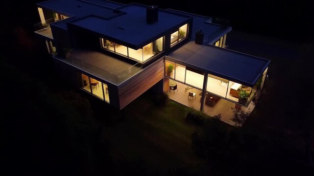 Night View of Staggered-Volume Modern Villa &ndash; Wood-Clad Accents, Glass Walls and Illuminated Outdoor Deck in Secluded Setting

