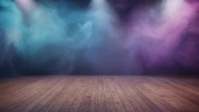 Empty wooden stage with colorful blue and purple smoke and dramatic lighting for performance background
