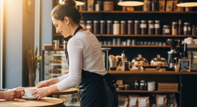Smiling barista serving a fresh cup of coffee across a cozy cafe counter, warm morning light illuminating jars, machines, and friendly cafe mood tonight now

