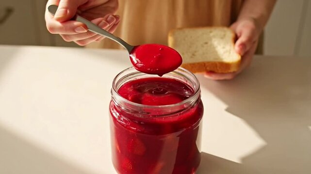 A person's hands carefully spooning vibrant red strawberry jam from a clear glass jar onto a spoon