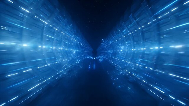 Abstract perspective image of blue futuristic tunnel with bright glowing light trails
