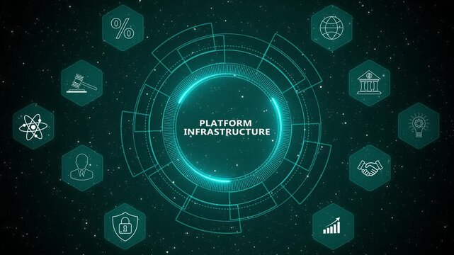 Futuristic technology infrastructure dashboard with digital platform system architecture and advanced computing environment animation