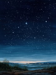 Fototapeta premium Starry Night Sky over Peaceful Landscape with Distant City Lights