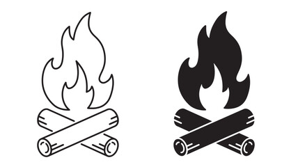 Bonfire icon with crossed logs and flames, presented in both outline and solid black styles for camping and outdoor adventure themes. © skakter24