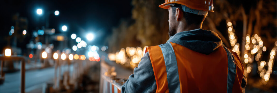 Construction worker safety vest hard hat road repair night work city street traffic barrier reflective clothing urban light public works worker construction worker safety vest hard hat road repair