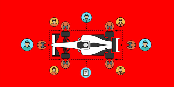 Motorsport Pit Crew Changing Tires on Racing Car Top View Concept