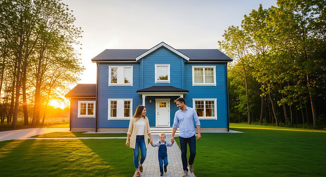 A happy family of three walks together toward their modern blue wooden house holding hands and smiling on a sunny day representing new home ownership and domestic joy in a suburban neighborhood