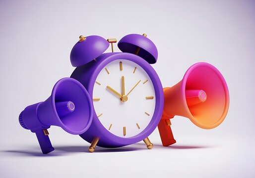 Purple alarm clock with two megaphones on white background  time announcement notification
