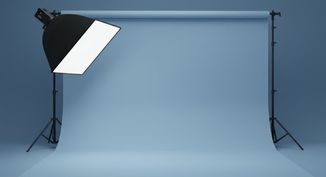 Professional photography studio setup with softbox lighting equipment on a blue background