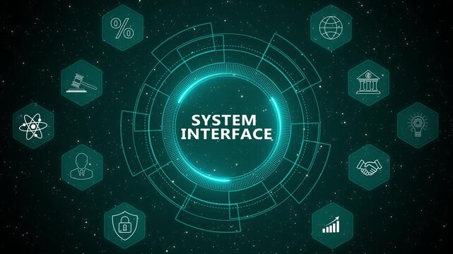 Futuristic system interface dashboard with digital technology environment and advanced network computing platform animation