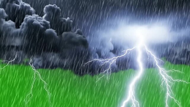Atmospheric Storm Build-up with thunder storms motion graphic effects on green screen background distortion, overlay, glitch, static noise, scan lines black background, 4k animated video loop