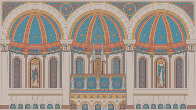 Ornate synagogue interior with three domes and arches jewish temple architecture