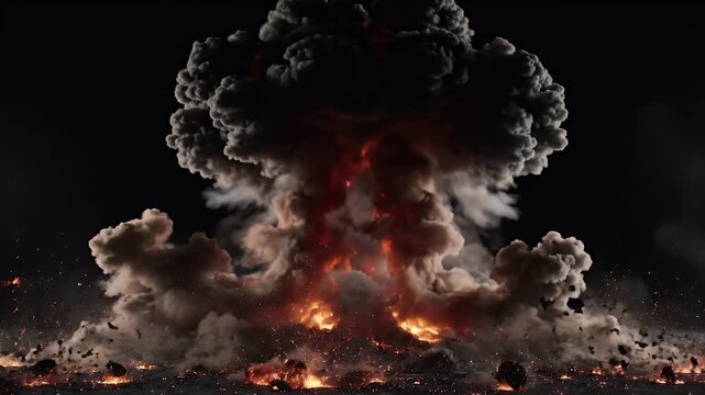 Enormous mushroom cloud explosion erupting with intense fire and debris against a black sky