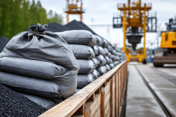 Fototapeta premium Coal bag coal bagging industrial conveyor freight wagon bulk cargo heavy industry logistic storage outdoor no people Coal bagging plant with stacked freight wagon and industrial conveyor cloudy