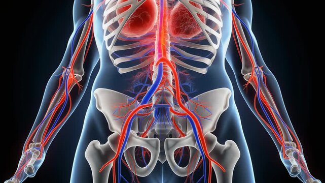 Detailed human circulatory system anatomy showing arteries and veins in upper body and pelvis