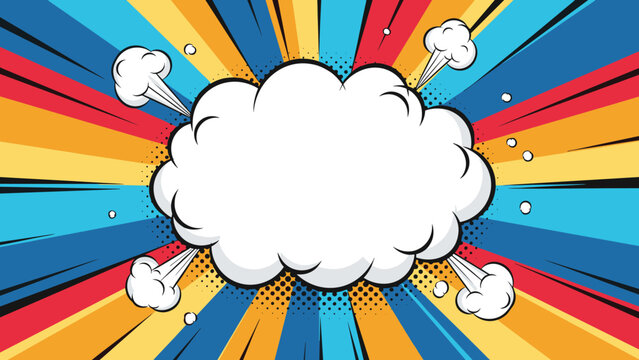 Vibrant comic book style explosion cloud with smoke puffs set against a colorful yellow and blue radial background for action themed designs.
