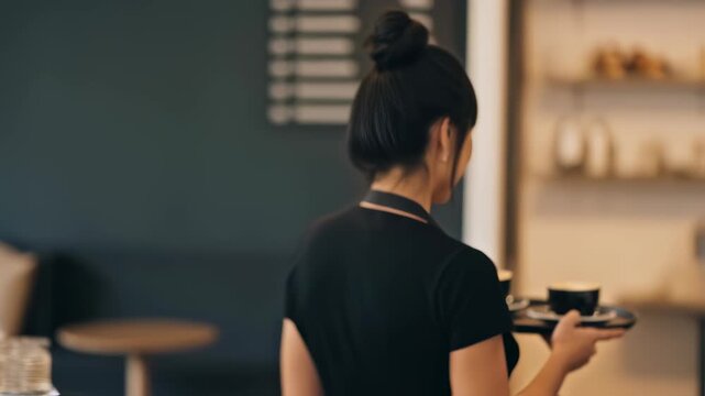 Smiling Asian waitress holding tray with coffee cups in cafe. Young female barista serving customers in coffee shop. Hospitality and service concept