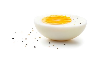 Soft boiled egg with black pepper on white background