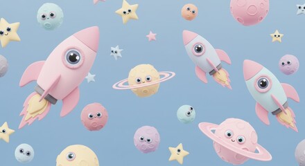 Obraz premium Cute cartoon rockets and planets in a whimsical space scene illustration with playful characters and stars
