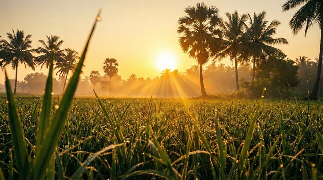 Golden Sunrise Over Rural Landscape with Palm Trees