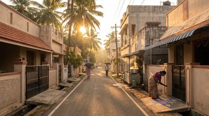 Fototapeta premium Quiet Residential Street Glowing in Warm Morning Light