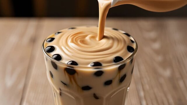 Creamy bubble tea with black tapioca pearls being poured in a glass on wooden table
