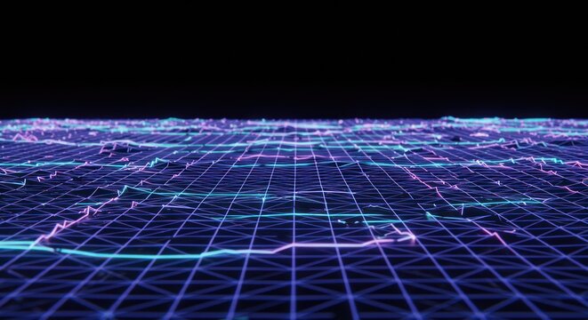 Futuristic cybernetic interface grid displaying neon-lit data streams in a digital landscape viewed from a low angle