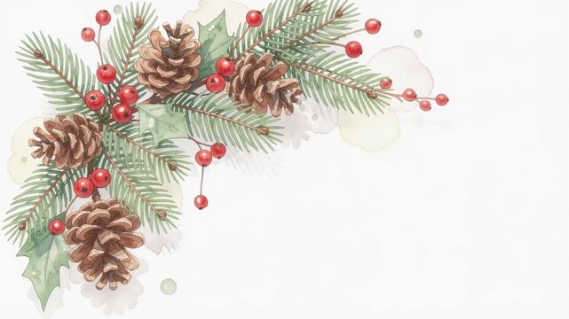 Watercolor Christmas pine cones and red berries holiday decoration with green pine branches
