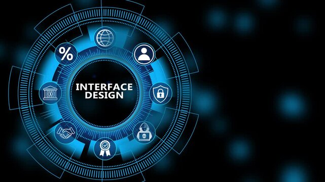 Advanced interface design dashboard with futuristic digital technology interaction and modern computing system platform animation