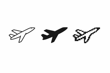 Fototapeta premium Comparison of airplane icons: outline, solid, and pixel art styles
