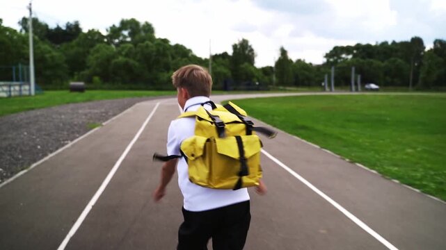 A first grader with a backpack goes to school
