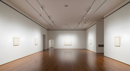 Spacious white art gallery interior with minimalist paintings displayed on walls and polished wooden floor reflecting light