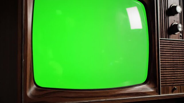 Green Screen old tv turning on with for video masking scene 3 distortion, overlay, glitch, static noise, scan lines black background, 4k animated loop
