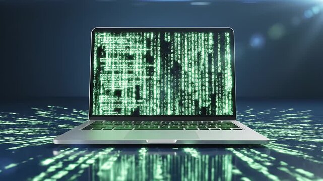 A laptop screen displays cascading green binary code with a light flare