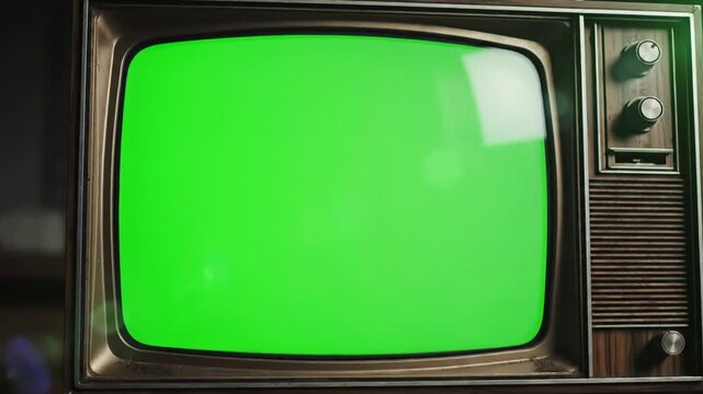Green Screen old tv turning on with for video masking scene 2 distortion, overlay, glitch, static noise, scan lines black background, 4k animated loop