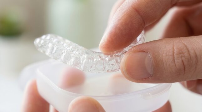Health care FSAs concept. Clear aligner being held and placed into a transparent storage case.