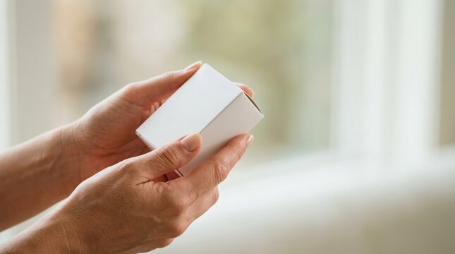 Health care FSAs concept. Elderly hands holding and examining a small white cardboard box.