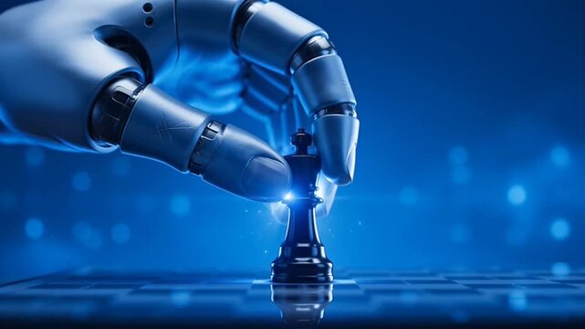 Advanced robot hand strategically moves chess king on board, symbolizing AI decision making, strategy, and future of technology