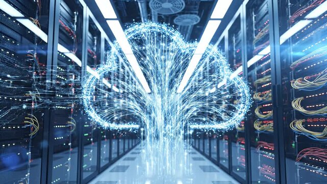 Abstract data stream forming a cloud shape within a modern server room