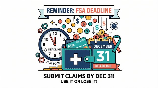 Health care FSAs concept. FSA deadline reminder to submit claims by December 31 with financial icons.