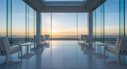 Fototapeta premium Modern Rooftop Terrace With Panoramic City Views At Sunrise Featuring Sleek White Furniture And Reflective Floors