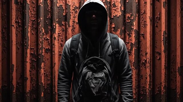 Mysterious hooded silhouette stands before a rusted wall.