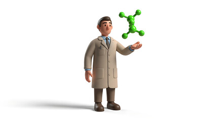 3D cartoon doctor holding a green molecule for science concept