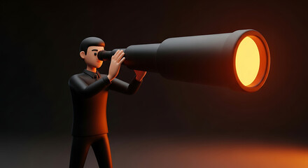 A business man using a telescope to observe a bright light source