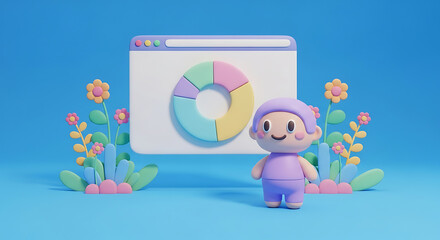 Cute 3D character with flowers and chart illustration, vibrant and playful.